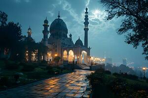 ai generiert ein großartig Moschee mit ein schön Himmel Aussicht beim Sonnenuntergang. generativ ai foto