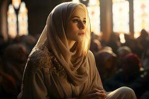 ai generiert schön Muslim Frau im Hijab sitzt im Moschee, Hören zu Predigt, generativ ai foto