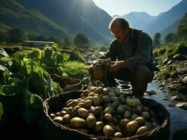 ai generiert Bauern Ernte Kartoffeln im ein Feld mit Berg Sicht. generativ ai foto