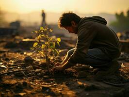 ai generiert schließen oben von ein Mann Pflanzen ein Baum oder Gartenarbeit. generativ ai foto