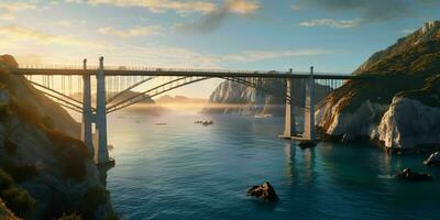 ai generiert Suspension Brücke zwischen Inseln mit Ozean Sicht. generativ ai foto