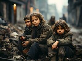ai generiert ein Gruppe von Flüchtling Kinder sitzen im das Mitte von ein vom Krieg zerrissen Stadt. Kinder im Krieg Zone. generativ ai foto