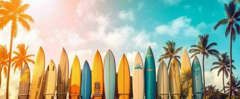 ai generiert Surfbrett auf das Strand mit Blau Himmel Sicht. generativ ai foto