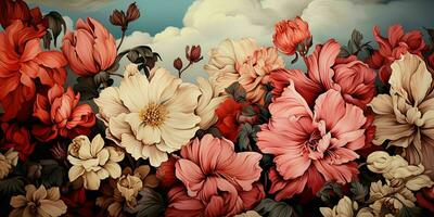 ai generiert schön Blühen Blumen Illustration im Jahrgang Kunst Stil. exotisch Blumen- Hintergrund. generativ ai foto