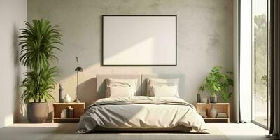 ai generiert minimalistisch Beige Bett Zimmer Innere Design mit leer Weiß Bild Rahmen Attrappe, Lehrmodell, Simulation. generativ ai foto