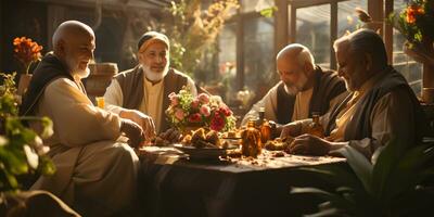 ai generiert ein Gruppe von Alten Muslim Familie und freunde Versammlung während Ramadan mit köstlich Geschirr auf das Tisch. iftar Abendessen. generativ ai foto