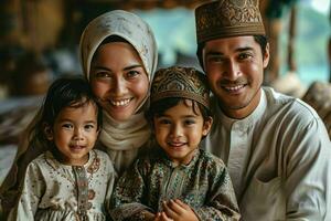 ai generiert Porträt von ein glücklich asiatisch Muslim Familie im traditionell Kleidung. generativ ai foto