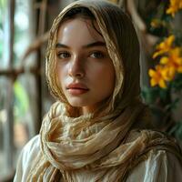 ai generiert Porträt von ein schön und exotisch jung Muslim Frau mit Weiß Kopftuch. generativ ai foto