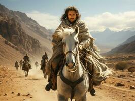 ai generiert Mitte östlichen Mann Reiten ein Pferd im das Wüste. arabisch Mann Reiten Pferd. generativ ai foto