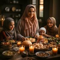 ai generiert Muslim Familie und freunde Versammlung während Ramadan mit köstlich Geschirr auf das Tisch. iftar Abendessen. generativ ai foto