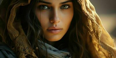 ai generiert Porträt von schön verschleiert arabisch Frauen mit Wüste Hintergrund. schließen oben von Mitte östlichen Frauen mit schön Augen. generativ ai foto