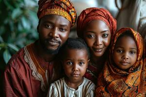 ai generiert Porträt von ein glücklich afrikanisch Muslim Familie im traditionell Kleidung. generativ ai foto