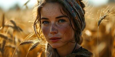 ai generiert schön Mitte östlichen Frau mit sommersprossig Gesicht, tragen Kopftuch im Weizen Feld mit glühend Sonnenlicht Wirkung. generativ ai foto