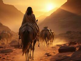 ai generiert schön verschleiert Frauen Reisen im das Wüste mit Sonnenlicht Wirkung. generativ ai foto