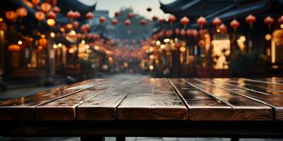ai generiert leeren hölzern Tabelle mit verschwommen uralt Chinesisch Stadt, Dorf Hintergrund, dekoriert mit hängend Laternen. generativ ai foto