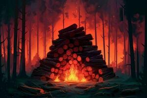 ai generiert groß Lagerfeuer mit Flamme im das Wald beim Nacht. Verbrennung Holz Haufen. generativ ai foto