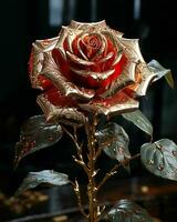 ai generiert rot und Gold Glas Rose Blume mit Wasser Tröpfchen auf es isoliert auf schwarz Hintergrund. generativ ai foto