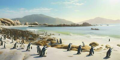 ai generiert Pinguin Kolonie auf das Strand mit schön Landschaft Sicht. generativ ai foto