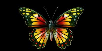 ai generiert schön und bunt Schmetterling isoliert auf schwarz Hintergrund. generativ ai foto