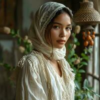 ai generiert Porträt von ein schön und exotisch jung Muslim Frau mit Weiß Kopftuch. generativ ai foto