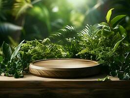 ai generiert hölzern Produkt Anzeige Podium mit Natur Hintergrund. natürlich Produkt Platzierung Sockel Stand. generativ ai foto