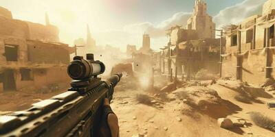 ai generiert Soldat halten ein Gewehr mit ein ruiniert Stadt im das Wüste Hintergrund. generativ ai foto