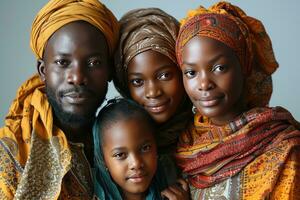 ai generiert Porträt von ein glücklich afrikanisch Muslim Familie im traditionell Kleidung. generativ ai foto