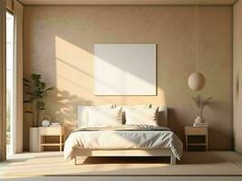 ai generiert minimalistisch Beige Bett Zimmer Innere Design mit leer Weiß Bild Rahmen Attrappe, Lehrmodell, Simulation. generativ ai foto