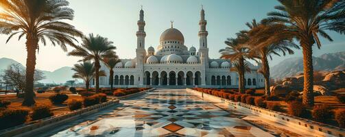 ai generiert schön minimalistisch Weiß Moschee im das Wüste mit Palme Baum und Himmel Ansichten. generativ ai foto