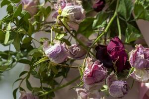 Konzept Schuss von das Hintergrund Thema, Verpackung Papier, getrocknet Rosen andere Blumen und andere Anordnungen. Hochzeit foto