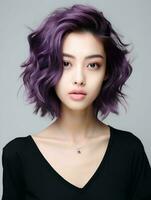 ai generiert Porträt von schön jung japanisch Frau mit kurz wellig lila Haar auf isoliert Weiß Hintergrund, ai generativ foto