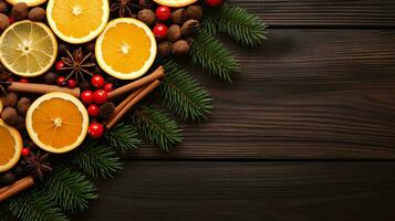 ai generiert traditionell Weihnachten warm trinken, reif Beeren, mit Scheiben von orange, Gewürze und Zimt, oben Sicht, eben Raum, Kopieren Raum foto