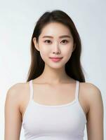 ai generiert Porträt von jung asiatisch weiblich Schönheit Modell- tragen Panzer oben mit sauber Weiß Haut, Studio Foto, isoliert Weiß Hintergrund, ai generativ foto