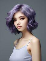ai generiert Porträt von schön jung japanisch Frau mit kurz wellig lila Haar auf isoliert Weiß Hintergrund, ai generativ foto
