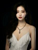 ai generiert Porträt von schön jung Koreanisch Frau mit lange schwarz wellig Haar, tragen Weiß Kleid, Diamant Halskette, isoliert Weiß Hintergrund, ai generativ foto