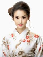 ai generiert Porträt von ein jung japanisch weiblich Modell- tragen ein Kimono posieren anmutig, isoliert Weiß Hintergrund, ai generativ foto