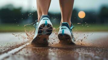 ai generiert das zurück Aussicht von ein Frau Füße im Sport Schuhe Joggen auf das Feld wann es Regen gibt das bewirken von Wasser planschen auf das Sohlen von das Schuhe foto