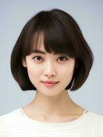 ai generiert Porträt von schön japanisch Frau mit kurz Bob Haarschnitt, isoliert Weiß Hintergrund, ai generativ foto