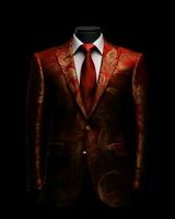 ai generiert Luxus und elegant rot Herren passen mit abstrakt Motiv isoliert auf schwarz Hintergrund. generativ ai foto