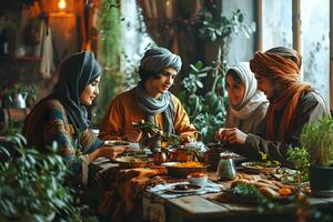 ai generiert Muslim Familie und freunde Versammlung während Ramadan mit köstlich Geschirr auf das Tisch. iftar Abendessen. generativ ai foto