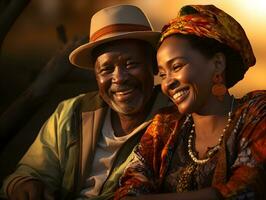 ai generiert romantisch Alten afrikanisch Paar Umarmen jeder andere mit Sonnenuntergang Sicht. generativ ai foto