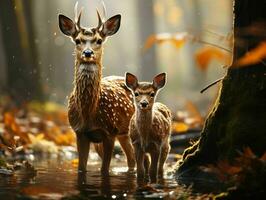 ai generiert Hirsch und Kitz mit ein verschwommen Wald Hintergrund. generativ ai foto