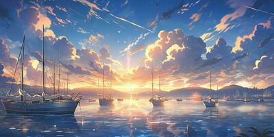 ai generiert schön Hafen mit Blau Himmel und Sonnenuntergang Aussicht im japanisch Anime Stil. generativ ai foto