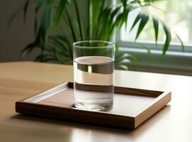 ai generiert ein Glas von einfach Wasser auf ein Tabelle im ein Cafe foto