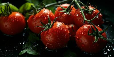 ai generiert frisch Tomaten mit Wasser Tröpfchen isoliert auf schwarz Hintergrund. generativ ai foto