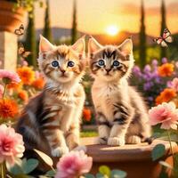 ai generiert das Kätzchen im ein Garten voll von Blumen, leonardo davince Stil, stellen viele von Einzelheiten im das Hintergrund mit das Sonnenuntergang foto