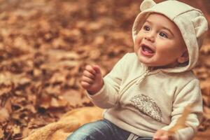 süß Kind im das Herbst Wald foto