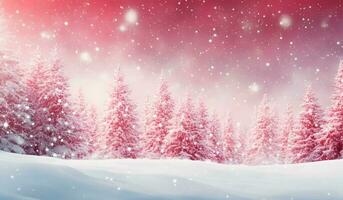 ai generiert Winter Landschaft mit schneebedeckt Tanne Bäume und fallen Schneeflocken gegen rot Himmel. Weihnachten Hintergrund. foto