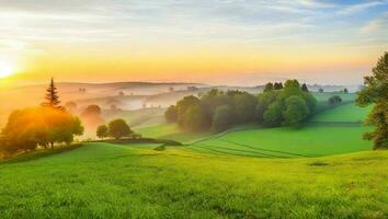 ai generiert schön Sonnenaufgang Über Grün Wiese im das Morgen. Landschaft mit Nebel. foto