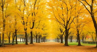 ai generiert leeren Park Pfad gefüttert mit Bänke unter beschwingt Herbst Bäume foto